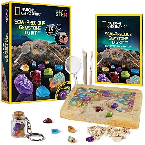 National Geographic Semi-Precious Gemstone Dig Kit for Kids - 15 Real Gems Including Amethyst, Garnet, Opal, Blue Topaz, and More, STEM Rock Collection Activity, Dig Brick, Science Kit for Kids by BlueMarbleToys