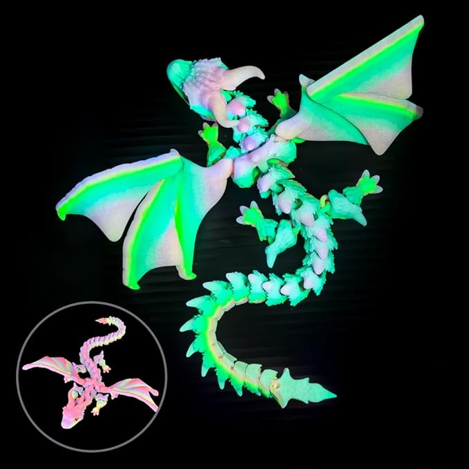 3D Printed Dragon with Wings,3D Printed Animals Toys, Fidget Dragon Toys, Flexible Articulated Winged Crystal Dragon Model,Desktop Pet Deco (Luminous-Rainbow)