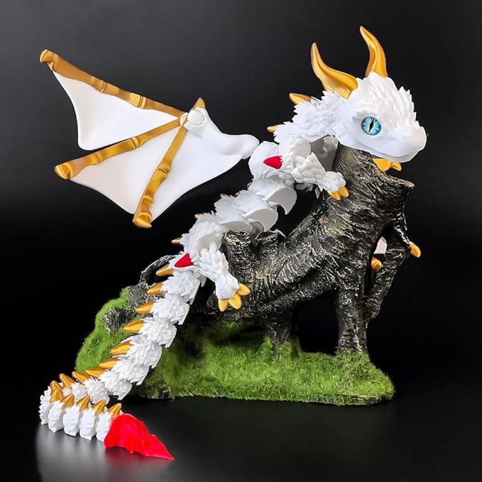 3D Printed Dragon with Wings,3D Printed Animals Toys, Fidget Dragon Toys, Flexible Articulated Winged Crystal Dragon Model,Desktop Pet Deco, Stocking Stuffers (White-Gold)