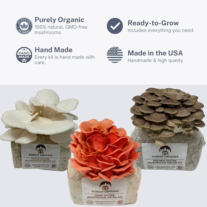 Forest Origins Mushroom Grow Kit – 3-Pack Trio (Pink, Brown, White Oyster) | Indoor Growing Kit | Non-GMO, Easy to Grow in 10 Days | Handmade in California | Gift for Gardeners & Foodies