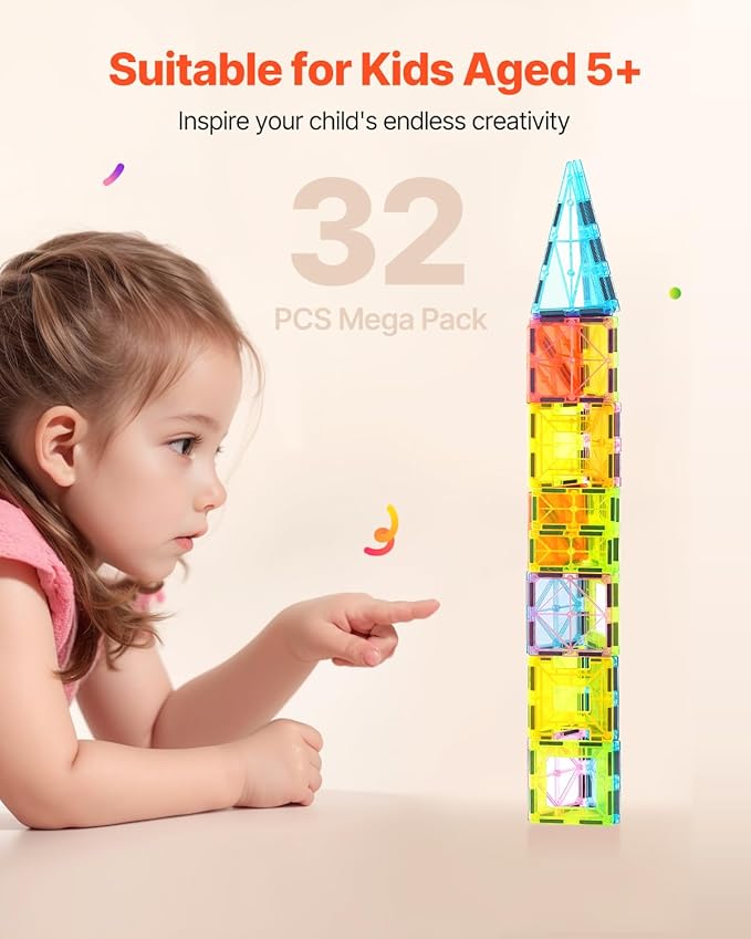 VEVOR Magnetic Tiles, 32 PCS Magnetic Building Blocks for Kids, Magnet Building Set with Storage Bag, STEM Sensory Educational Construction Stacking Toys Gift for Toddlers Boys and Girls 3+ Year Old
