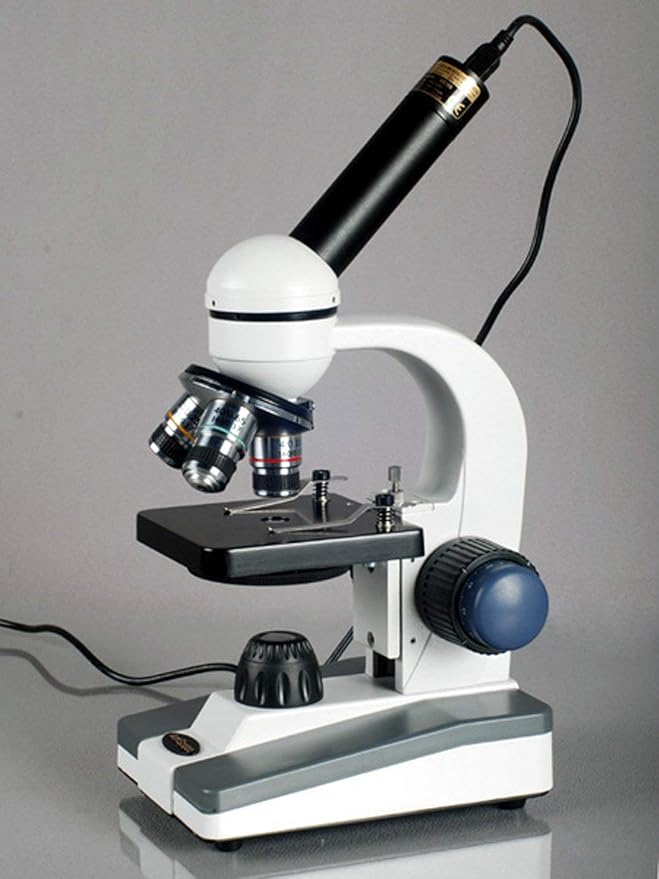 AmScope M150C-PS25-WM Compound Monocular Microscope, WF10x and WF25x Eyepieces, 40x-1000x Magnification, LED Illumination, Brightfield, Single-Lens Condenser, Coaxial Coarse and Fine Focus, Plain Stage, 110V, Includes Set of 25 Prepared Slides and Book