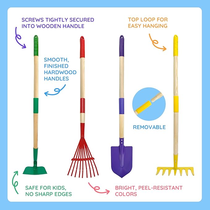 9Pcs Kids Gardening Tools Set - Toys with Shovel, Rake, Hoe and Leaf Rake for Outdoor Backyard Play, STEM Educational Toys, Ideal Christmas Birthday Gifts for Toddler Boys & Girls Ages 3 4 5