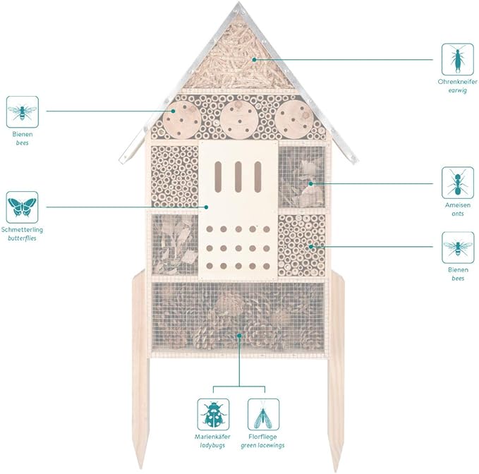 Navaris Insect House with Stakes - Extra Large Wooden Bug Hotel 22.4" H x 15" W - Bee, Butterfly, Ladybug Natural Nesting Habitat for Garden and Yard