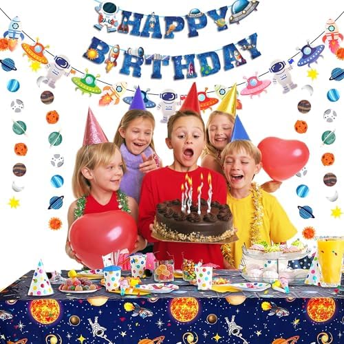 Outer Space Party Decorations - Space Theme Supplies with Happy Birthday Banner Solar System Tablecloth for Galaxy Party Decor (Tablecloth+Flag Banner) - Image 3