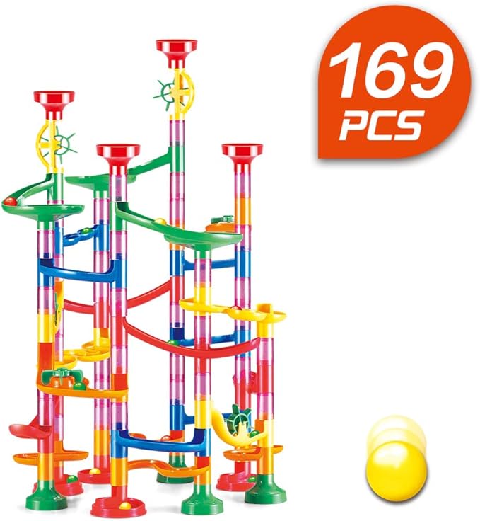 WEofferwhatYOUwant Marble Run Set – 169 Piece STEM Track Building Toy for Kids Ages 3+ with Glass & Color Marbles, Pink Connectors, Instruction Sheet | Creative Maze Tower Game for Learning & Fun