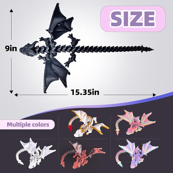 3D Printed Dragon with Wings,3D Printed Animals Toys, Fidget Dragon Toys, Flexible Articulated Winged Crystal Dragon Model,Desktop Pet Deco, Stocking Stuffers (Matte-Black)