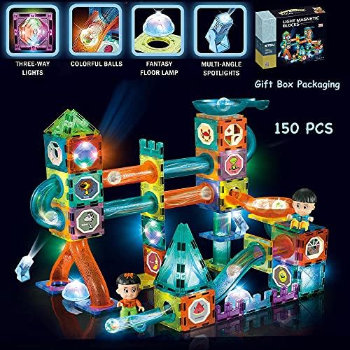 Glowing Magnetic Tiles Marble Run Race Track Super Set - 150 Complete Pieces Glow in The Dark STEM Magnetic Building Blocks Gravity Marble Maze Games for Toddlers Kids Boys Girls Ages 3+ Years - Image 6