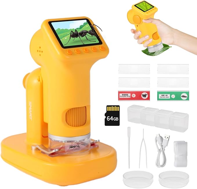 1600X Microscope for Kids, Detachable Handheld Mini Digital Microscope with Photo Video Function, Rechargeable Educational Toys with 64GB, 6 Slides and Make Tool Gift for Kids