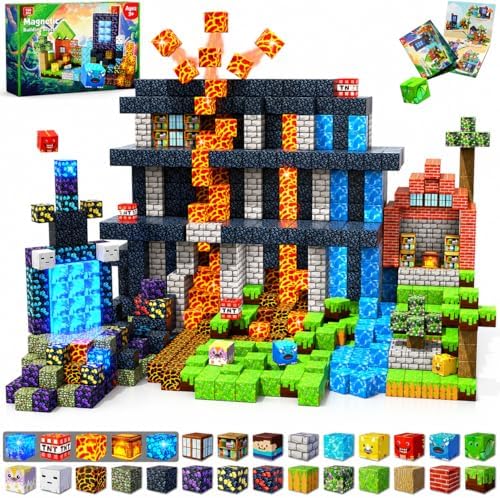 Magnetic Blocks - 150 PCS Dinosaur Volcano Forest Castle Set with Light Up Blocks - Kids Classroom Sensory Toy for Toddlers STEM, Construction Stacking Toy Kids 3+ Boys Easter Basket Stuffers by GraceDuck