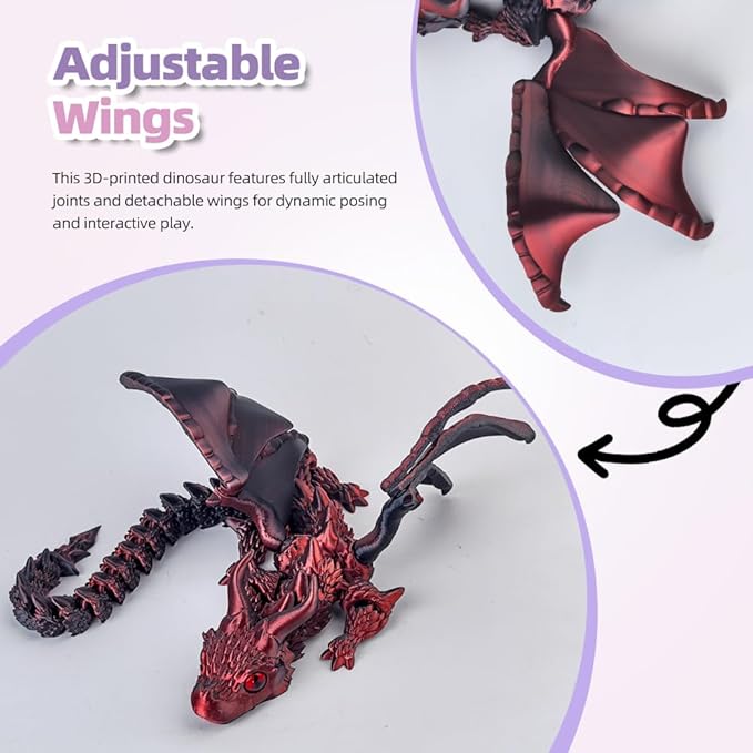 3D Printed Dragon with Wings,3D Printed Animals Toys, Fidget Dragon Toys, Flexible Articulated Winged Crystal Dragon Model,Desktop Pet Deco (Black-Red)