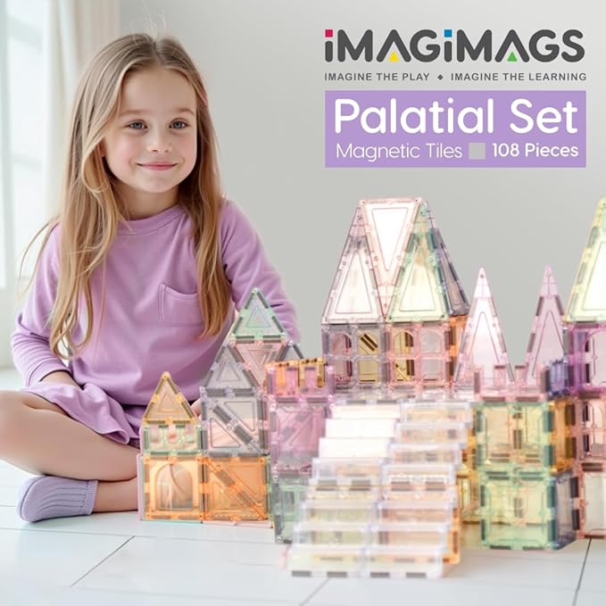 Magnetic Building Tiles; 108 Piece Palatial Set for Boys, Girls and Kids; Pastel Magnetic Building Tiles; Activity; Building Blocks; Toddler Toys; STEM; Children Ages 3 Years +