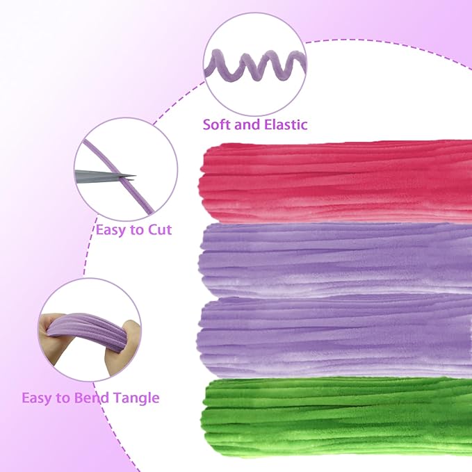 LOLEDE Pipe Cleaners Craft Flowers Kit 400 Pcs, 400 Pcs 3 Colors 11.8inch Fuzzy Pipe Cleaners Bulk, 100 Pcs Stamen, Chenille Stems for DIY Flower Making Kit Crafts, Floral Stems & Ribbon(Purple)