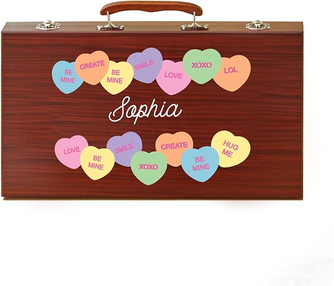 Let's Make Memories Personalized 80-Piece Deluxe Art Set - for Kids - Wood Carrying Case - Oil Crayons, Colored Pencils, Watercolors - Arts & Crafts - Add Their Name - Colorful Hearts