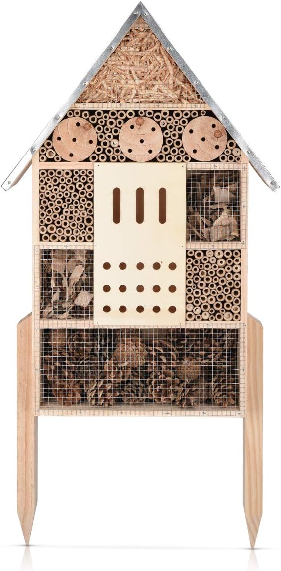 Navaris Insect House with Stakes - Extra Large Wooden Bug Hotel 22.4" H x 15" W - Bee, Butterfly, Ladybug Natural Nesting Habitat for Garden and Yard