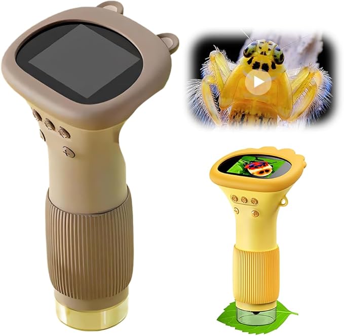 Buggy Lens Microscope Toy, Portable Optical Digital Microscope, 2" IPS Screen 1000x Handheld Digital Microscopes HD Pocket Portable Microscopes (Brown)