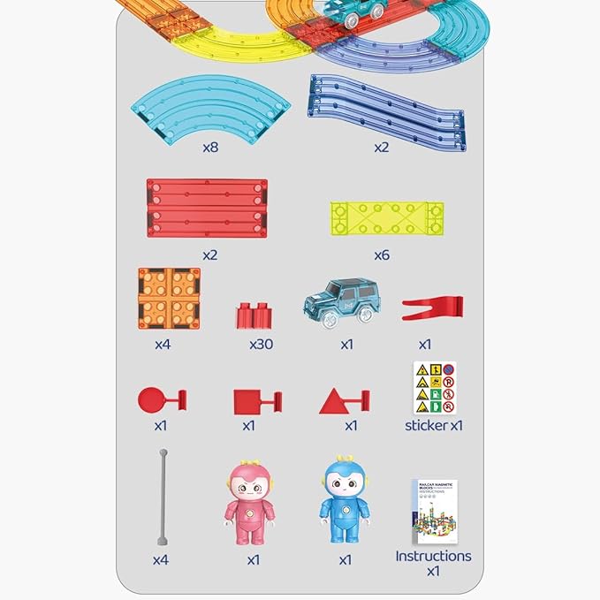 Magnetic Tiles Race Car Track Set STEM Engineering Slot Cars on Flexible Car Tracks 63PCS Educational Magnet Building Blocks Magnetic Car Toys for Kids