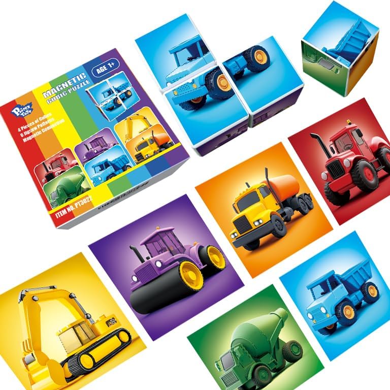 Pairez Toys Magnetic Cubes for Toddler, 1.65 inch Large Building Blocks Tiles, Construction Vehicles Puzzles Game for Toddlers, STEM Educational Learning Toys for Boys & Girls Ages 1 2 3 by PairezToys
