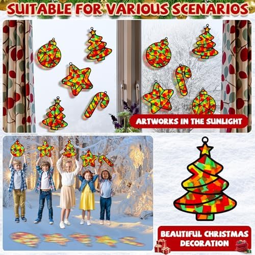 QOUBAI 32 Sets Christmas Theme Suncatchers Craft Kit DIY Window Stained Glass Effect Christmas Theme Paper Crafts Home School Classroom Decoration Kid Birthday Gift Creative Art Project Activity Game - Image 7