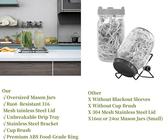 Lulonpon One Sprouting Jar Kit, Wide Mouth Quart Mason Jars with Stainless Steel Screen Sprout Lids, 86mm,1000ml,Stand,Tray and Canning Brush,Seed Sprouter Set for Growing Broccoli, Alfalfa, Mung Bean