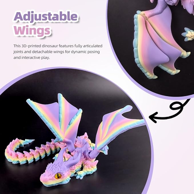 3D Printed Dragon with Wings,3D Printed Animals Toys, Fidget Dragon Toys, Flexible Articulated Winged Crystal Dragon Model,Desktop Pet Deco, Stocking Stuffers (Matte-Rainbow)