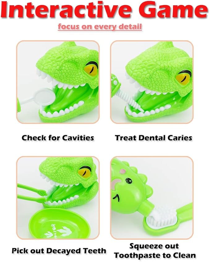 10PCS Plastic Dinosaur Simulation Dentist Play Set Animation Medical Kit Pretend Toy for Kids Hygienic Habbit Cultivation Role Play Game for Children 5 Models 4 Colors Simple OPP Bag Packaging (Red)