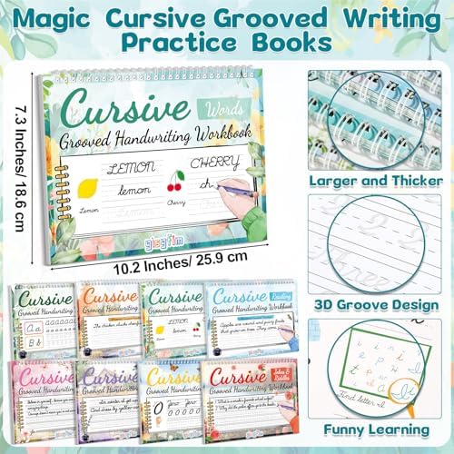 gisgfim 8 Pack Grooved Cursive Handwriting Workbook Learning Grooved Cursive Reusable Handwriting Practice kit with Disappearing Ink Pens Magic Copybooks Set for Kids Beginners Kickoff Student - Image 2