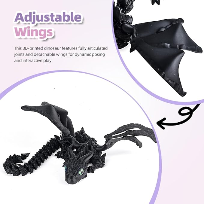 3D Printed Dragon with Wings,3D Printed Animals Toys, Fidget Dragon Toys, Flexible Articulated Winged Crystal Dragon Model,Desktop Pet Deco, Stocking Stuffers (Matte-Black)