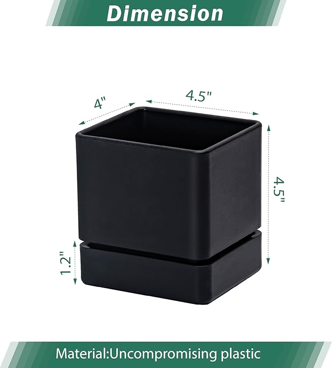D'vine Dev 4 Inch Herb Planter Pot, Plastic Planter with Drainage Holes and Saucer, Modern Decorative Gardening Pot for Indoor Plants, Flowers, Herbs, Succulents, Black, Set of 1, 76-Y-B1-1