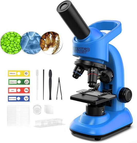 Microscope for Kids Scientific Experiment Kit 40X-1600X Magnification LED Light Educational STEM Kit with Slides and Lab Tools (Blue)