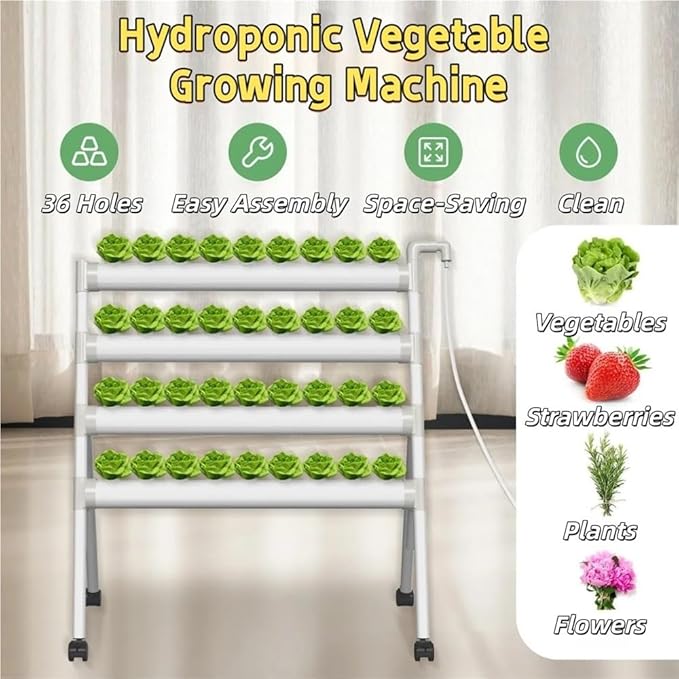 Hydroponic Plant Growing System, 36-Site PVC Indoor Garden Tower, for Vegetables, Herbs & Leafy Greens with with 110V Pump, Inner Set Hose, Basket, Planting Sponges