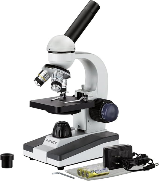 AmScope M150C-E-A 40X-1000X LED Cordless All-Metal Framework Full-Glass Optical Lens Student Compound Microscope with Coarse & Fine Focusing + Digital Camera USB Imager