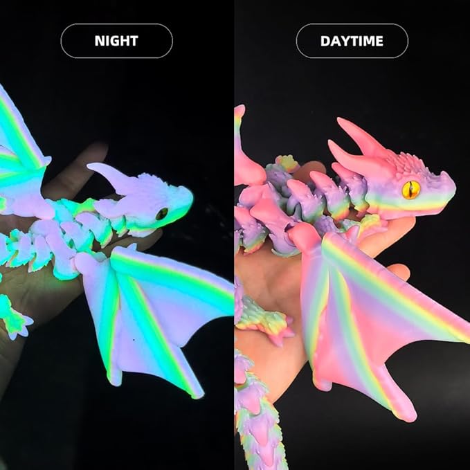 3D Printed Dragon with Wings,3D Printed Animals Toys, Fidget Dragon Toys, Flexible Articulated Winged Crystal Dragon Model,Desktop Pet Deco (Luminous-Rainbow)