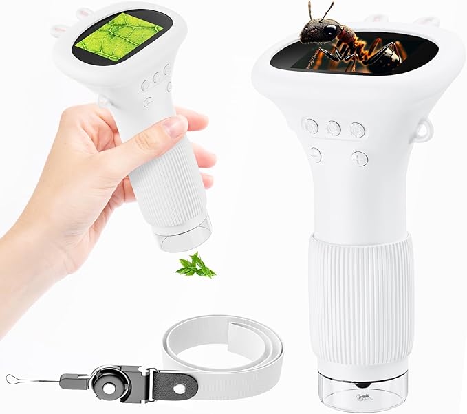 Portable Digital Microscope for Kids, Pocket Handheld Microscope Camera with 2'' Inch Screen, Educational Science Christmas Birthday Gifts for Age 3 4 5 6 7 8 9 10 11 12 Girls Boys - White