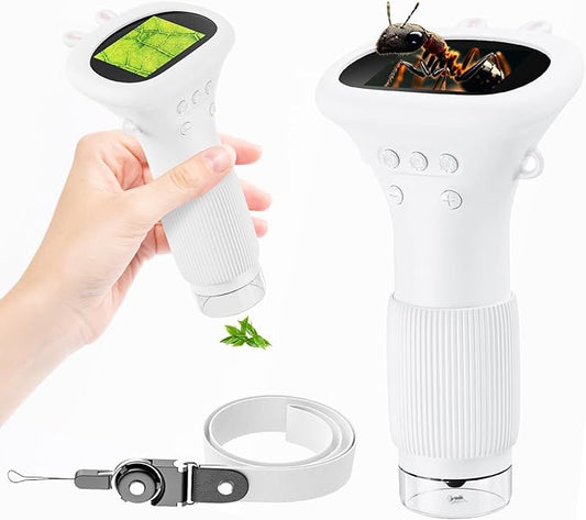 Portable Digital Microscope for Kids, Pocket Handheld Microscope Camera with 2'' Inch Screen, Educational Science Christmas Birthday Gifts for Age 3 4 5 6 7 8 9 10 11 12 Girls Boys - White