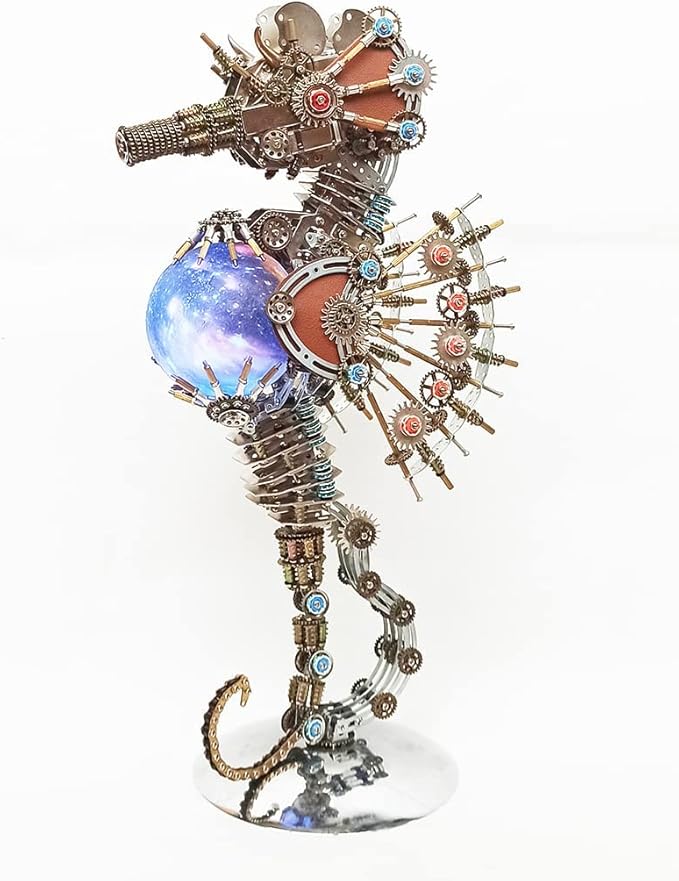 Meatalkitor 3D Puzzle Steampunk Seahorse Lamp - 2100PCS Metal Mechanical Model Kit with 16 Color Planet Light - Perfect Room Decor and Gift Choice (Planet LAMP)