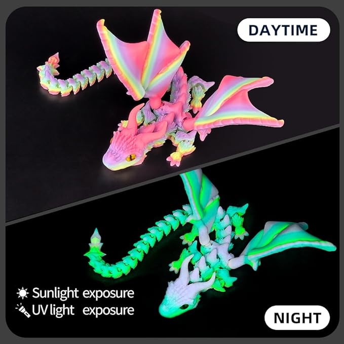 3D Printed Dragon with Wings,3D Printed Animals Toys, Fidget Dragon Toys, Flexible Articulated Winged Crystal Dragon Model,Desktop Pet Deco (Luminous-Rainbow)