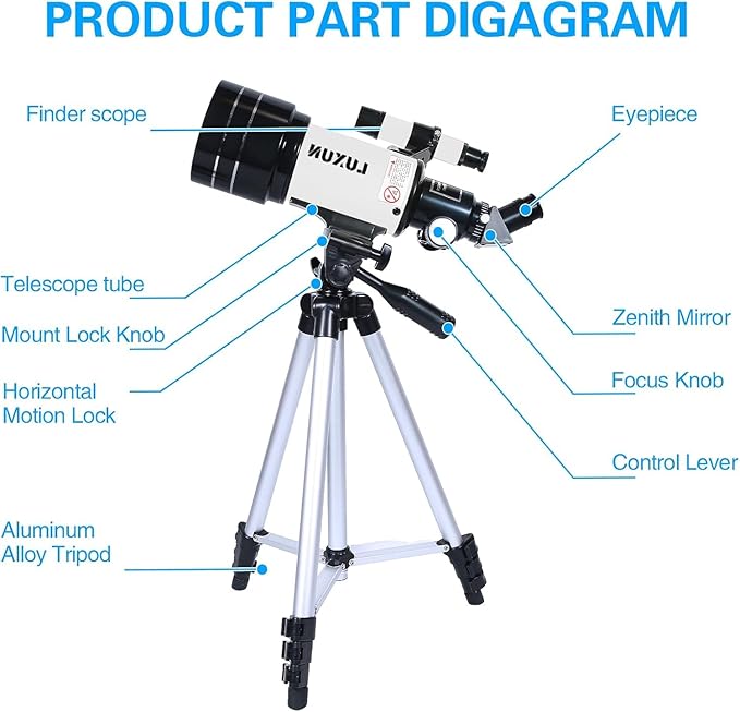 Telescope,70mm Telescope Refracting with Phone Adapter for Adults,Astronomy Beginners,with Multilayer Broadband Coating,Adjustable Tripod and Finderscope