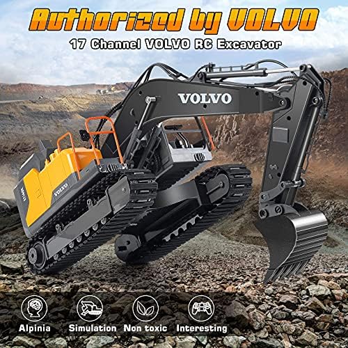 Double E Volvo 1:16 Scale Remote Control Excavator, 17 Channel 3-in-1 Construction Toy with Metal Shovel, Drill, Grab & Lights, 2.4GHz Full Function Digger for Outdoor Sandbox, Gift for Kids & Adults - Image 6