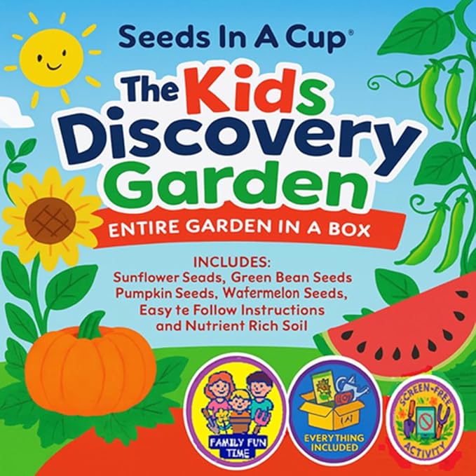 Kids Discovery Garden Kit, Complete Indoor Growing Set with 4 Planters, Premium Soil, Watermelon, Pumpkin, Sunflower & Green Bean Seeds, Educational Activity for Ages 4+