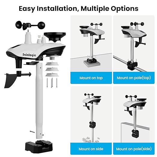Sainlogic SA8 Home Weather Station with Rain Gauge and Wind Speed, Weather Stations Wireless Indoor Outdoor with Rain Gauge Outdoor, Forecast, Temperature, Humidity, Moon Phase, Alarm Clock(No WiFi)