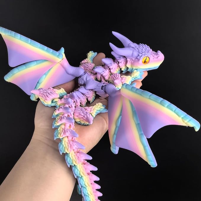 3D Printed Dragon with Wings,3D Printed Animals Toys, Fidget Dragon Toys, Flexible Articulated Winged Crystal Dragon Model,Desktop Pet Deco, Stocking Stuffers (Matte-Rainbow)