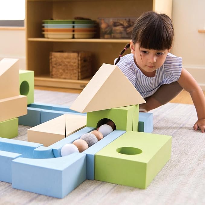 Kaplan Early Learning Ramp and Roll Discovery Blocks Set - 48 Pieces - STEM Marble Run Building Toy for Toddlers & Preschoolers, Oversized Foam Blocks with Included Balls, Physics and Engineering Play