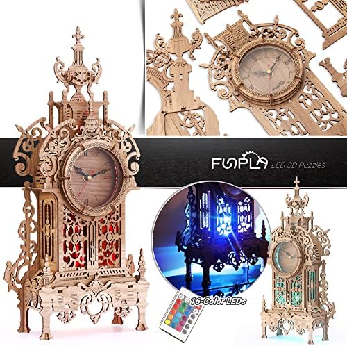 FUNPOLA 3D Wood Puzzle LED Tower Clock, 3D Puzzle Building Desktop Clock Model DIY Architectural Building Blocks (LED-TC01 Wood) - Image 3