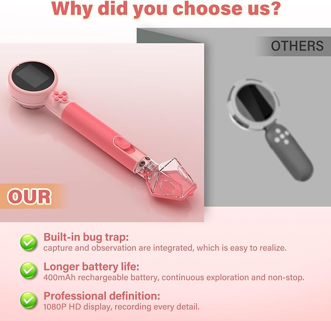 Microscope for Kids with Bug Catcher, 1080P HD Digital Handheld Portable Kids Microscope, 2 in 1 STEM Science Educational Learning Kit Christmas Birthday Gifts Toys for 3-15 Boys & Girls (Pink)