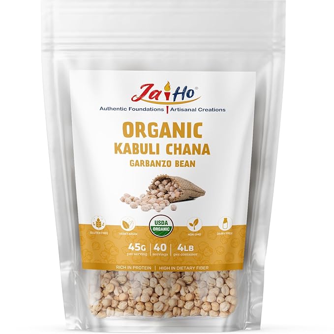 Jai Ho Certified Organic Kabuli Chana Garbanzo Beans 4 lb | Chickpeas Lentils | Indian Kabuli Chole Chana | USDA Organic | Non-GMO | Chemical-Free | Premium Quality Kosher (4 Pound, Kabuli Chana)