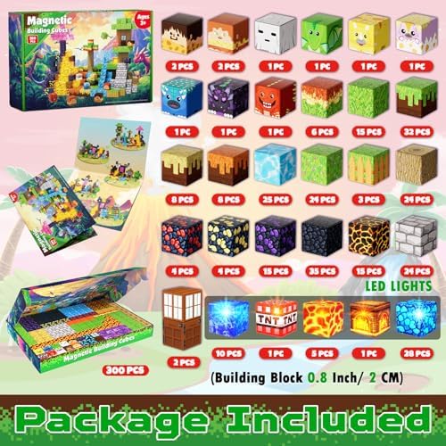 Magnetic Blocks - 300 PCS with Light Up Blocks Dinosaur Volcano Forest Castle Set - Kids Classroom Sensory Toy for Toddlers STEM, Construction Stacking Toy Kids 3+ Boys easter basket stuffers - Image 2