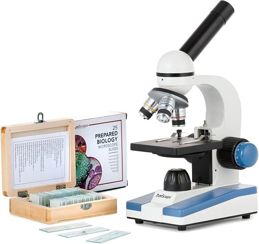 AmScope M150 Series Portable Student Monocular Compound Microscope - 40X-1000X Magnification - Features LED Light & 25 Prepared Slides - Has Coarse & Fine Focus