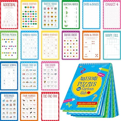 Logic Puzzles Game Pad, 30 Reusable & Erasable Logical Thinking Games-Sudoku, Scavenger Hunt, Math Games, Dry Erase Brain-Boosting Puzzles Activities Pad for Kids, Road Trip, Airplane & Car Travel by SpriteGru