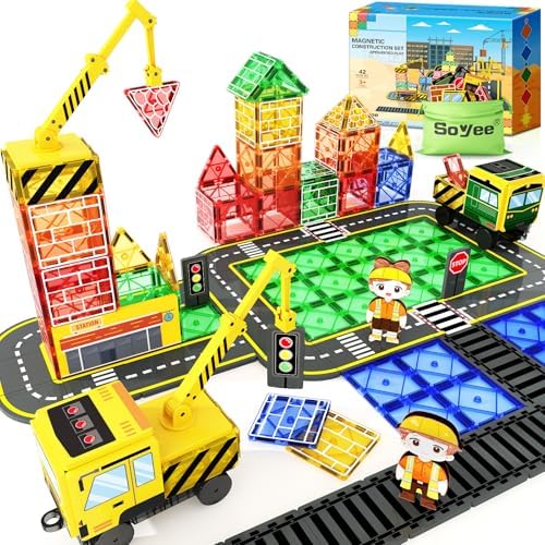 Magnetic Tiles with 2 Cranes, Magnetic Construction Toys STEM Building Toys by Soyee